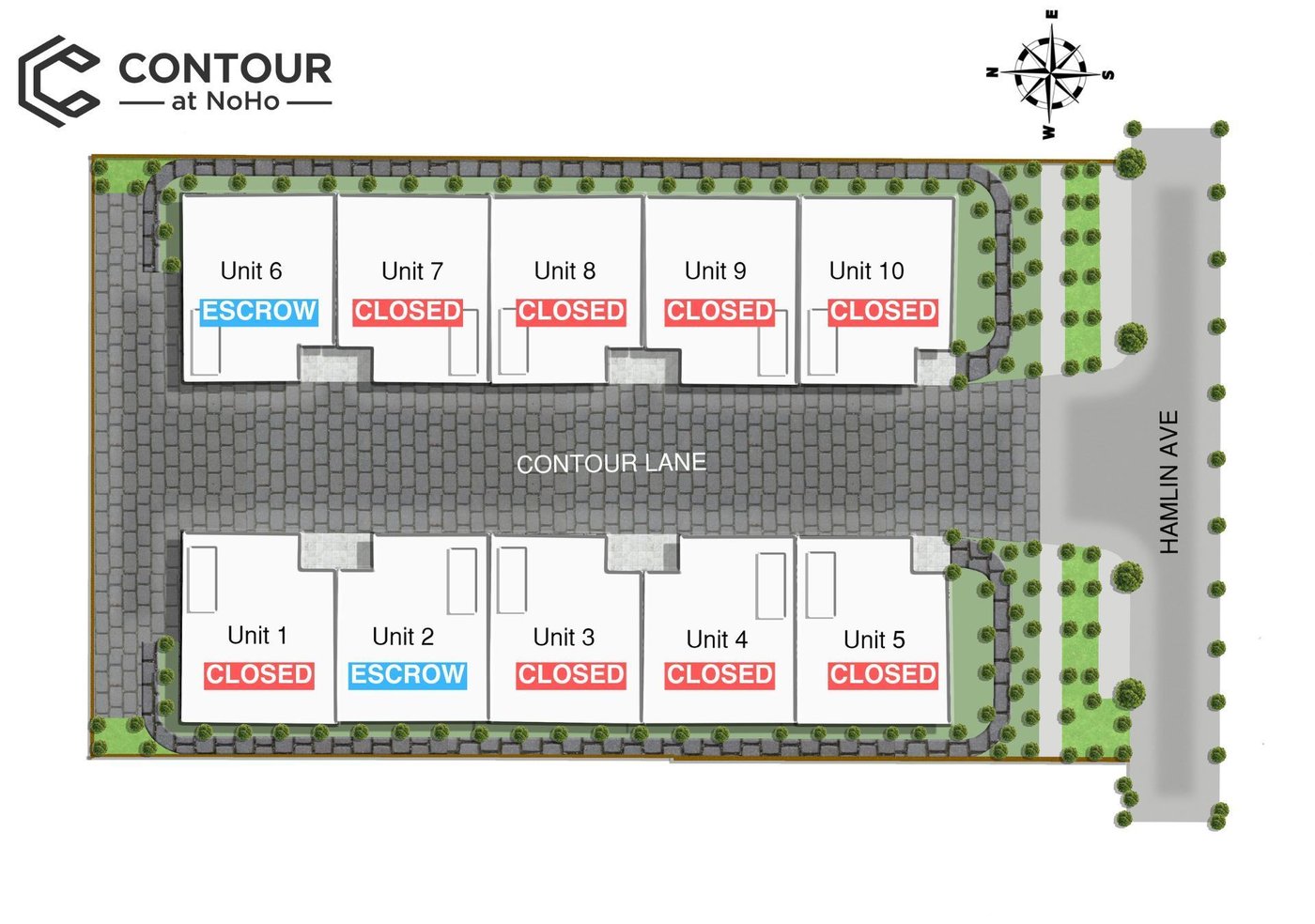 Contour at NoHo site map — 10 detached small lot homes flanking Contour Lane