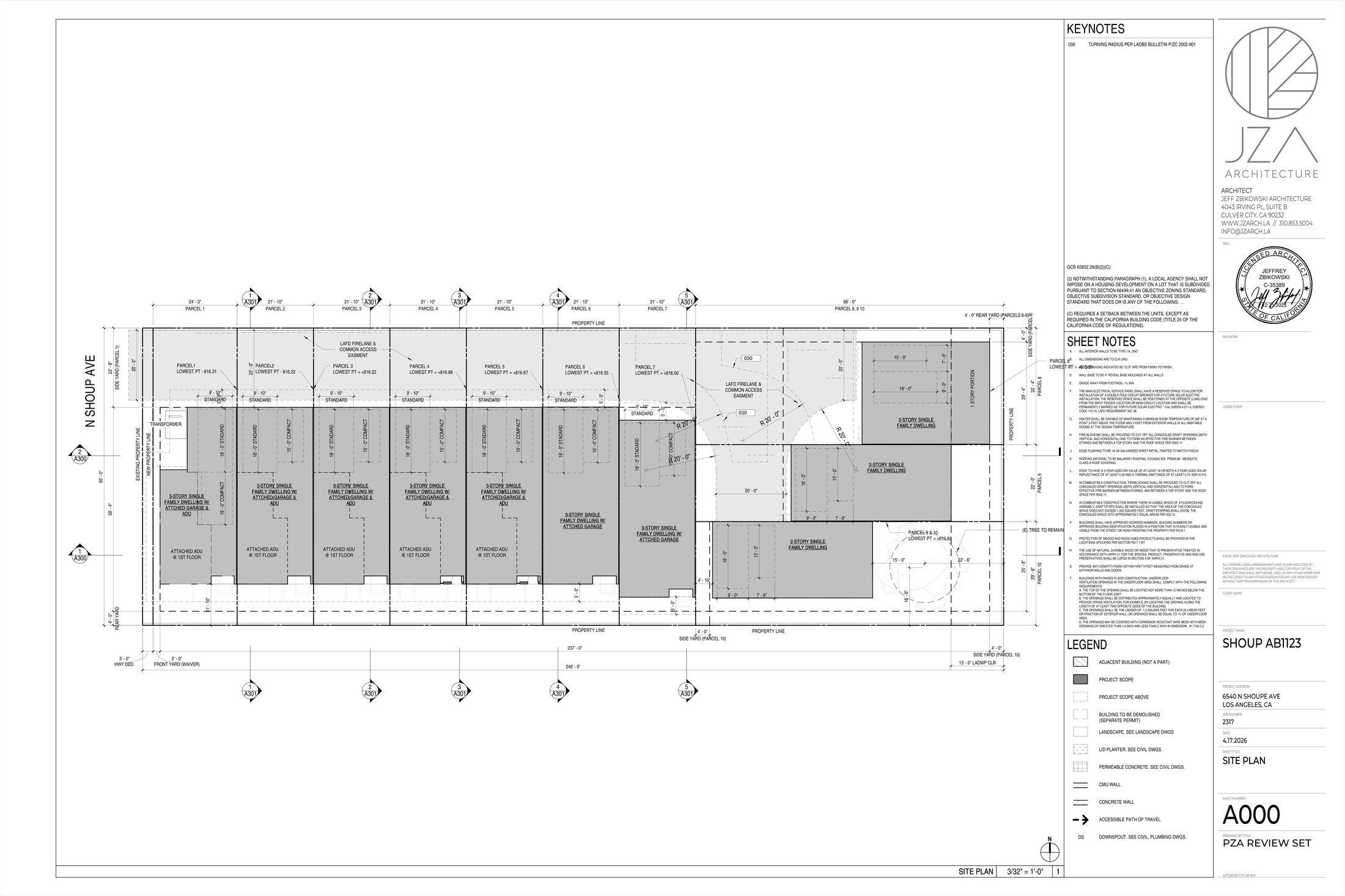 Site plan — 10-parcel SB1123 subdivision with attached ADUs and garages